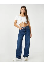 Koton Crop T-Shirt Balloon Sleeves Gather Detailed V-Neck