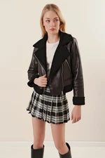 Bigdart Double Breasted Collar Black Leather Jacket with Faux Shearling