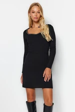 Trendyol Black Sweetheart Collar Pearl Detailed Fitted Interlock Mini Knit Dress