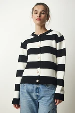 Happiness İstanbul Women's Black and White Stylish Buttoned Striped Knitwear Cardigan