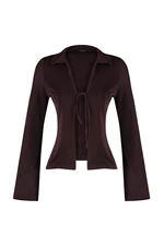 Trendyol Brown Premium Glossy Finish, Soft Textured Polo Neck Knitted Blouse with Lace-up Detail