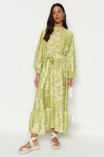 Trendyol Oil Green Belted Half Patties with Ruffles at the Hem, Woven Patterned Dress