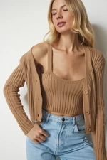 Happiness İstanbul Women's Biscuit Knitted Sweater Bustier Cardigan Suit