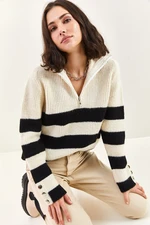 Bianco Lucci Women's Zippered Turtleneck Thick Striped Knitwear Sweater with Buttons on the Sleeves.