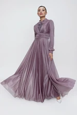 By Saygı Embroidered Front Pleat Lined Glittery Long Dress Purple