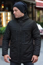 D1fference Pánský černý fleecový zimní kabát a parka s kapucí