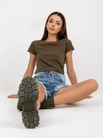 Basic khaki T-shirt with a round neckline