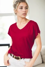 77002 Dewberry V-Neck Basic Women T-Shirt-BURGUNDY