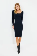 Trendyol Navy Square Neck Fitted Long Sleeve Midi Ribbed Stretch Knit Dress