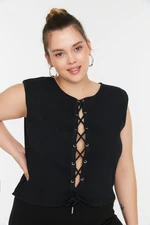 Trendyol Curve Black Corduroy Knitted Blouse with Eyelets and Lace Detail