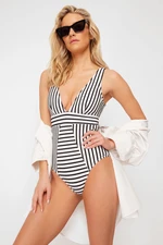 Trendyol Black-White V-Neck Collar Regular Swimsuit