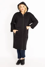 Şans Women's Large Size Black Zipper and Hood Detailed Coat