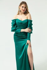 Lafaba Women's Emerald Green Bateau Neck Draped Satin Evening Dress.