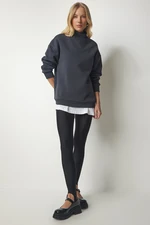 Happiness İstanbul Women's Anthracite High Neck Basic Raised Sweatshirt