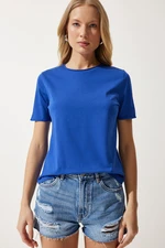 Happiness İstanbul Women's Blue Crew Neck Basic Knitted T-Shirt