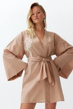 Trendyol Beige Belted Mini Woven Embroidered 100% Cotton Kimono&Kaftan