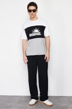 Trendyol Black Oversize/Wide Cut Text Printed Color Block 100% Cotton Short Sleeve T-Shirt