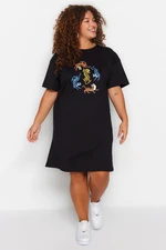 Trendyol Curve Black Crew Neck Printed T-shirt 100% Cotton Knitted Dress