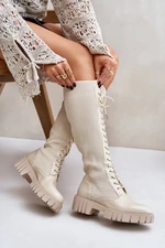 Women's lace-up sock boots on a flat heel beige Vamisha