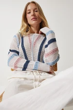 Happiness İstanbul Women's Cream Stripe Detailed Openwork Seasonal Knitwear Sweater