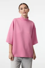 Trendyol Pink Oversize/Wide Pattern Stand Collar Three Quarter Sleeve Knitted Sweatshirt