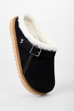 Shoeberry Women's Saboi Black Suede Furry Flat Slippers