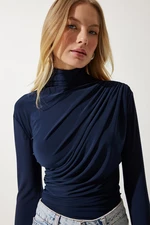 Happiness İstanbul Women's Navy Blue Gathered Detailed High Neck Sandy Blouse