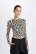 DEFACTO Fitted Body-hugging Crew Neck Leopard Print Crepe Long Sleeve T-Shirt D7455ax24au