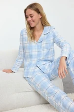 Trendyol Blue-Multicolor Cotton Plaid Pocket Detailed Woven Pajamas Set