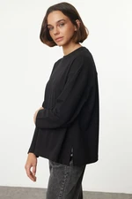 Trendyol Black Basic Relaxed/Comfortable Cut Slit Detailed Long Sleeve Knitted Blouse