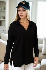 83295 Dewberry Polo Neck Long Sleeve Slit Sweater-BLACK