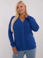 A dark blue sweater of a larger size with a triangle neckline