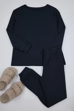 Trendyol Navy Blue Cotton Ribbed Wide Pattern Knitted Pajama Set