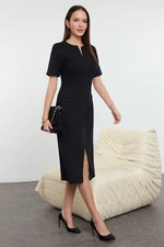 Trendyol Black Belted A-Line Tweed Midi Woven Dress