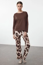 Trendyol Brown 100% Cotton Leopard Print Knitted Pajamas Set