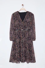 Trendyol Curve Brown Floral Belted A-Line Midi Double Breasted Patterned Chiffon Woven Dress