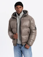 Ombre Warm men's puffer jacket with welts - dark beige