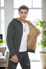 14455 Dewberry Furry Hooded Mens Sports Slim Fit Cardigan-GREY