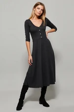 Cool & Sexy Women's Anthracite V-Neck Dress with Button Accessories