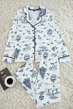 Trendyol Ecru 100% Cotton Printed Piping Detailed Knitted Pajama Set