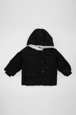 DEFACTO Baby Girl Windproof Water Repellent Ribbed Sleeve Button Hooded Faux Fur Lined Coat