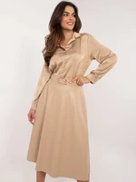 Beige midi skirt made of eco-leather with a belt