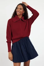 Trendyol Claret Red Wide Pattern Turndown Collar Zippered Knitwear Cardigan