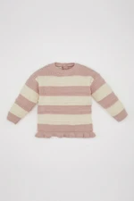 DEFACTO Baby Girl Dried Rose Striped Button Closure Crew Neck Sweater