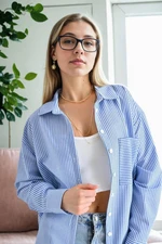 49999 Dewberry Blue Wrinkled Detailed Striped Women Shirt-BLUE