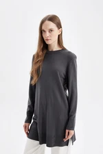 DEFACTO Anthracite Regular Fit Crew Neck Slit Basic Plain Sweater Tunic