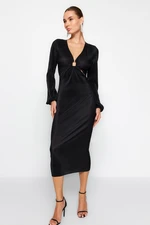 Trendyol Black Fitted Knitted Window/Cut Out Detailed Pleated Elegant Evening Dress