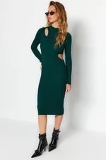 Trendyol Emerald Green Midi Knitwear Fitted Window/Cut Out Stand-Up Collar Dress