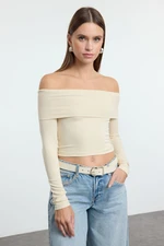 Trendyol Stone Carmen Collar Crop/Short Flexible Knitted Blouse