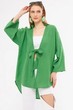 armonika Women's Green Linen Look Front Tie Kimono Shirt